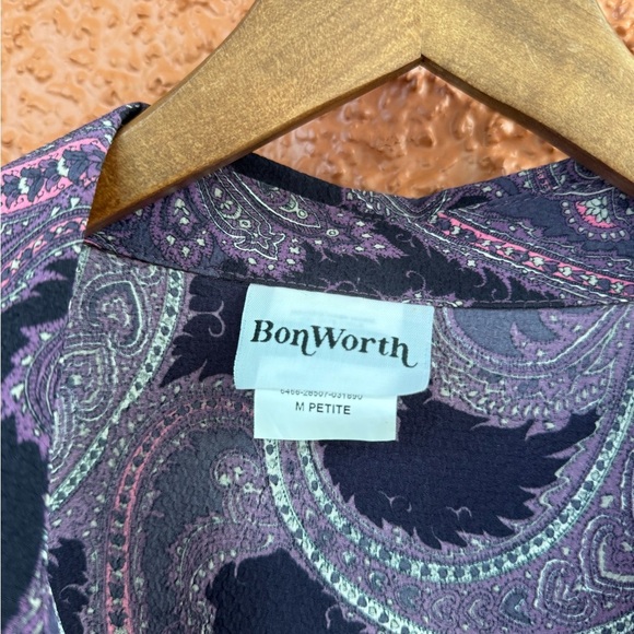 Women’s Bon Worth Paisly Button Down Sheer Top Purple Pink Medium Petite - Picture 3 of 5